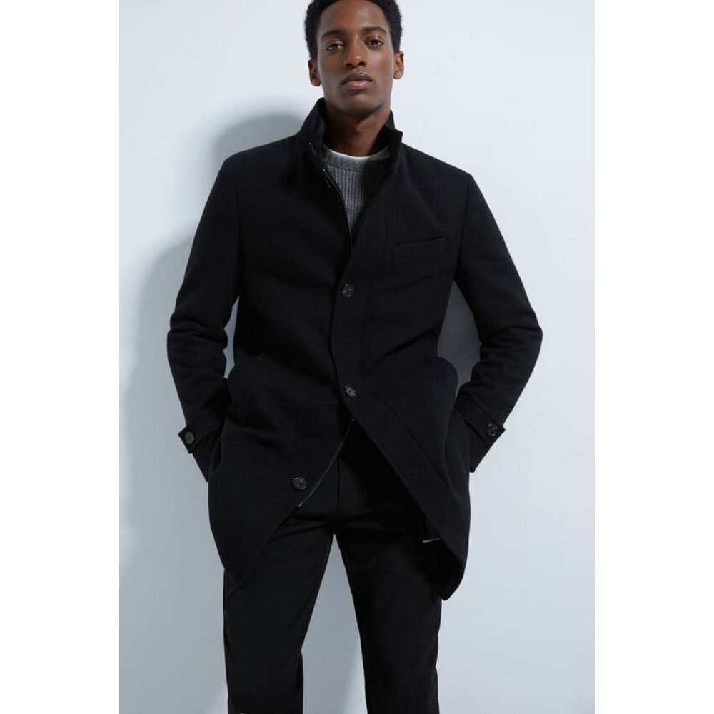 NWT Mens Size Medium ZARA Black Wool Blend Full Zip Pea Coat